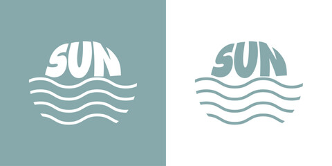 Sticker - Logo vacaciones de verano. Paisaje con palabra Sun como sol con olas de mar