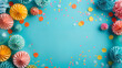 A cheerful aquamarine background with festival decorations on the left side.