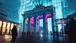 Step into the vibrant neon-lit streets of Berlin with this striking image of the Brandenburg Gate