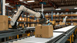 Automation factory concept with robotic arm on conveyor line in warehouse.