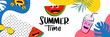 Hello summer kid poster design with fun cartoon characters.
