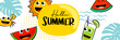 Hello summer camp poster design with fun cartoon characters.