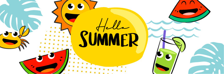 Wall Mural - Hello summer camp poster design with fun cartoon characters.