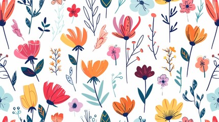 Wall Mural - Floral seamless pattern with colorful flowers and leaves on a white background