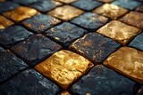 Fototapeta  - Closeup texture detail of a variety of gold and black square cut stone walls arranged in an abstract seamless check pattern background.