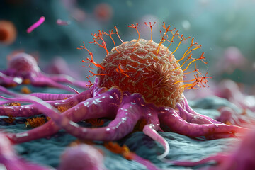 Wall Mural - Highly Detailed 3D Rendering of Cancer Cell with Intricate Viral Structure in Isolated Cinematic Environment