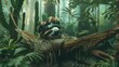 A shy sloth, sporting a flowerpot helmet that sprouted a tiny cactus, chilled out on a holographic hammock, its slowmoving nature perfectly suited for virtual reality adventures