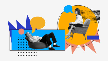 Wall Mural - Young woman talking with man lying on floor chair and opening his thoughts. Contemporary art collage. Understanding needs and building relations. Concept of public relations, marketing and management