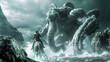 Mounted Warrior Confronts Tentacled Kraken in Perilous Ocean Depths,Cinematic 3D Render with Details