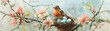 A pair of nesting robins, their feathers a blend of soft oranges and browns, built a cozy watercolor nest in a blossoming apple tree, their tiny blue eggs nestled amongst the fragrant pink flowers