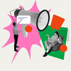 Wall Mural - Young woman working on laptop, man looking on screen with megaphone on background. Contemporary art collage. Social media strategy. Concept of business, public relations, marketing and management