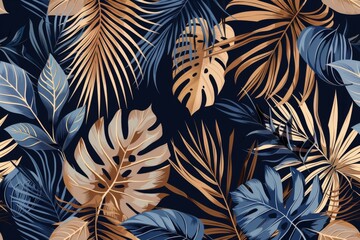  Tropical leaves and plants seamlessly patterned with dark navy blue
