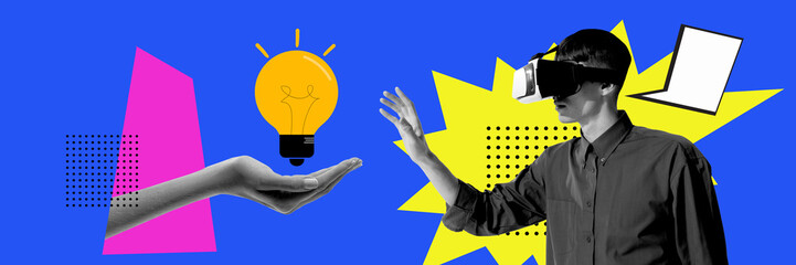 Wall Mural - Man wearing VR glasses and reaching hand with lightbulb. Contemporary art collage. Generation of innovative ideas and solutions. Concept of business, public relations, marketing and management