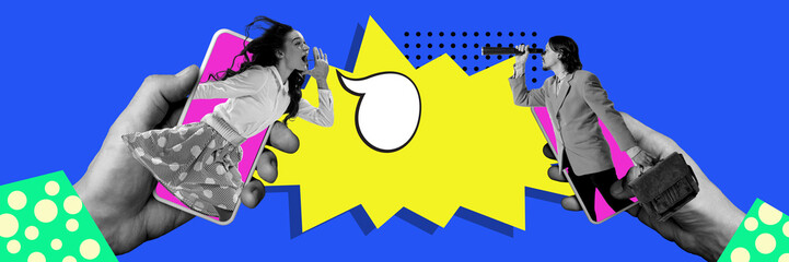 Wall Mural - Man looking in spyglass while woman peeking out phone screen talking. Contemporary art collage. Strategic planning and long-term goals, communication. Concept of business, public relations, marketing