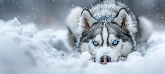 Majestic siberian husky puppy with mesmerizing blue eyes enjoying snowy adventures