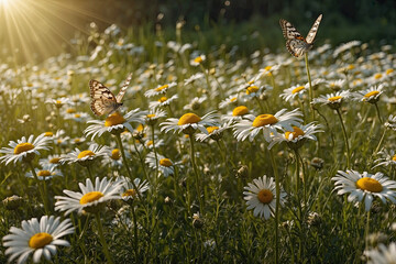 Field of daisy flowers with a butterfly, wide background, in sunlight. Summer daisies, beautiful nature scene of blooming daisies. Summer background beautiful meadow