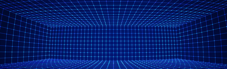 Poster - Cyberpunk Grid VR 3D Room with Fisheye Lens Effect. Grid Frame Tech Party Flyer Background. Abstract Digital Background. Vintage Computer Virtual Reality VR Tunnel Technology Vector Illustration.