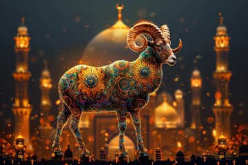 Graceful goat figure against mosque backdrop, adorned with ornate details in vibrant hues, perfect for Eid al Adha artwork with space for text