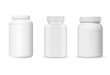 Medicine tablet package. White plastic vitamin supplement jar mockup. Pharmaceutical drug product container, realistic vector illustration. Antibiotic capsule bottle, prescription medicament