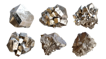 Pyrite crystal collection, top view flat lay of golden metallic mineral stones isolated on transparent background – digital 3D art for geology, jewelry, and decor.