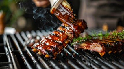 Canvas Print - A chef basting pork ribs with tangy barbecue sauce on the grill, enhancing flavor and caramelization.