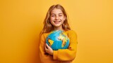 Fototapeta  - A young girl is celebrating Earth Day. She's hugging a globe, which represents the Earth, and she's standing in front of a yellow background