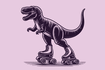 Wall Mural - Tyrannosaurus on roller skates. Funny. Vintage retro engraving illustration. Black icon, isolated element	