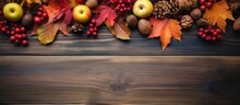 Wooden Table Apples Pine Cones Autumn Leaves