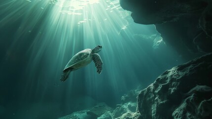 Wall Mural - A sea turtle gliding through a sunlit underwater cave, exploring its habitat