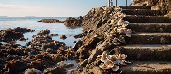 Wall Mural - Stone steps by the ocean adorned with seashells