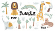 Childish jungle set with cute lion, crocodile, giraffe, elephant, leopard, toucan. Perfect for fabric, textile, nursery posters. Vector