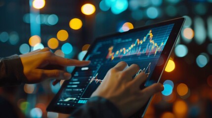 Poster - a trader analyzing stock market graphs on a digital tablet, depicting investment strategies and mark