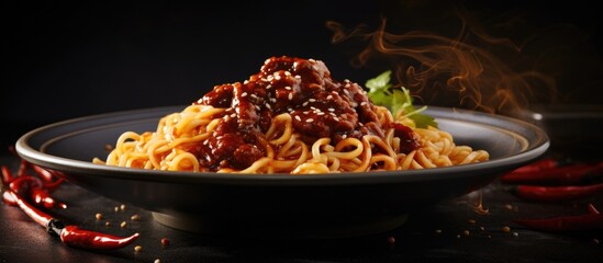 Wall Mural - Close-up of noodles with spicy sauce