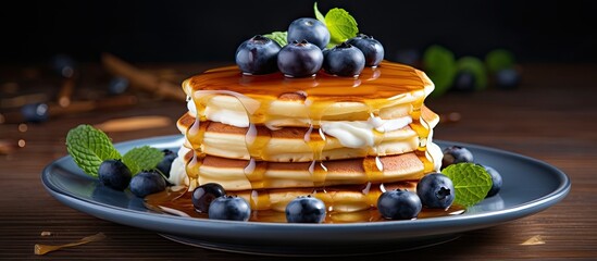 Wall Mural - Stack of berry-topped pancakes with sweet syrup