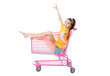 Shopping cart isolated on white with a beautiful happy young woman in it. Great object to put on a website or banner for an online store or supermarket. Ready for clipping path.