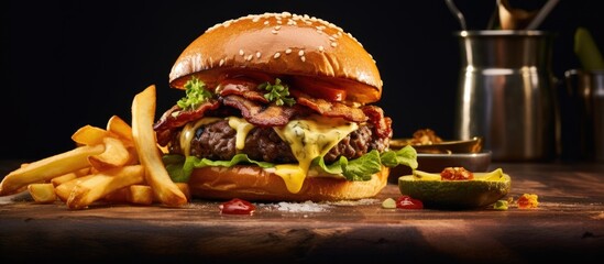 Wall Mural - Juicy burger and crispy fries on wooden surface