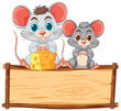 Two cute mice sharing cheese on a wooden sign.
