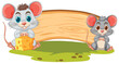 Two cute mice with cheese under a wooden log