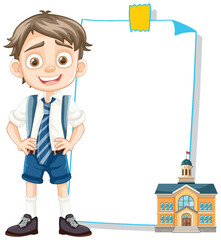 Wall Mural - Cheerful boy standing next to an empty frame