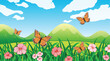 Colorful butterflies over flowers in a green field