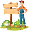 Cheerful farmer pointing at a blank wooden sign