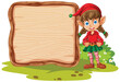 Cute elf standing next to a blank wooden sign.