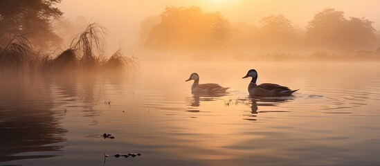 Poster - Ducks swimming in a misty lake at sunrise