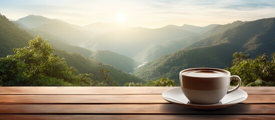 Wall Mural - A steaming cup of coffee on a rustic wooden surface