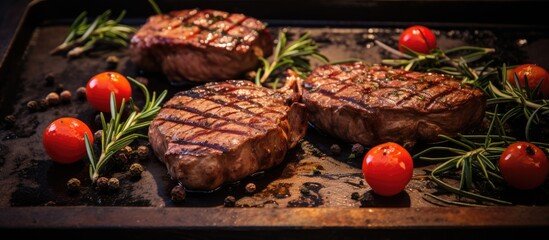 Wall Mural - Grilling steaks with tomatoes and rosemary