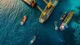 Fototapeta Miasto - Aerial view of supply vessels surrounding an offshore drilling rig, facilitating logistics and support for extraction operations.