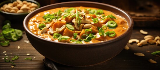 Wall Mural - Bowl of soup and peanuts with a spoon