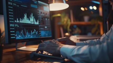 Aufkleber - Businessman analyzing stock market graphs and data on a desktop computer, making strategic investment decisions.