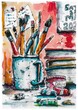 Hand sketched illustration of paint brushes in a mug