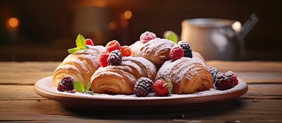 Canvas Print - Plate of croissants with berries and mint leaves